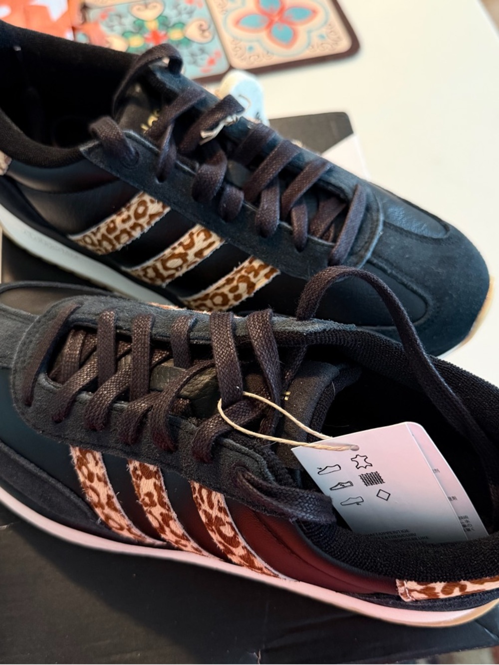 adidas Run 70s 2.0 Sneakers - Black with Tan Sole and Leopard Accent - Picture 6 of 8